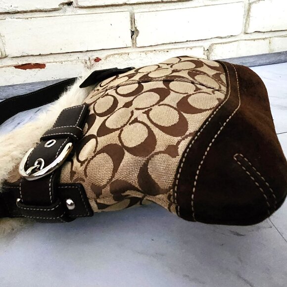 Euc Coach Signature Canvas Shearling Duffle Khaki Handbag Tote Bag Purse - Picture 7 of 13